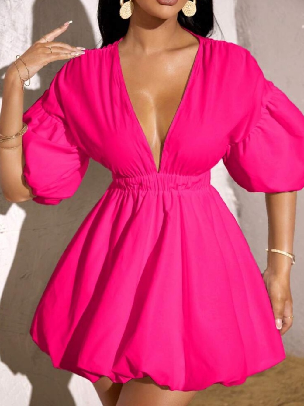 Hot Pink Puff Sleeve Deep V Mini Dress - S - Picture 3 of 5